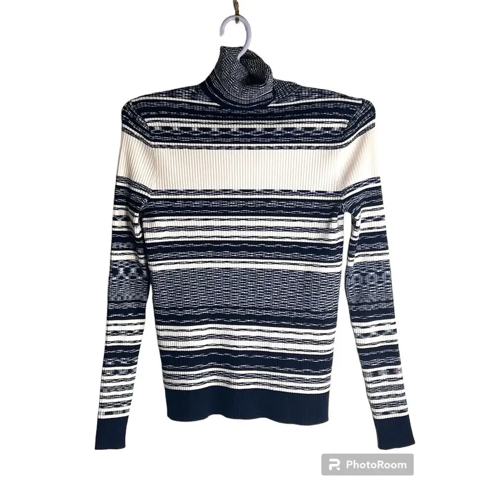Tory Burch Womens Striped Turtleneck Sweater White Navy Blue Size S/P Small